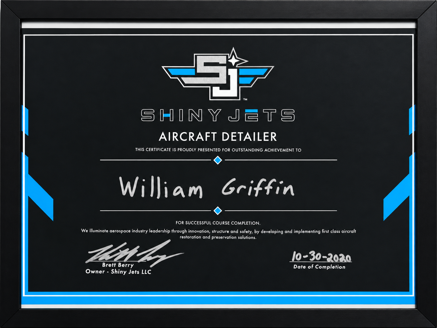 Shiny Jets Aircraft Detailer Certificate earned by Gloss Guard Aviation