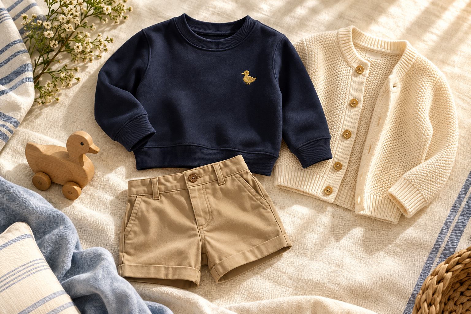 Collection inspiration: navy duck sweatshirt, cream knitwear and classic childhood accessories