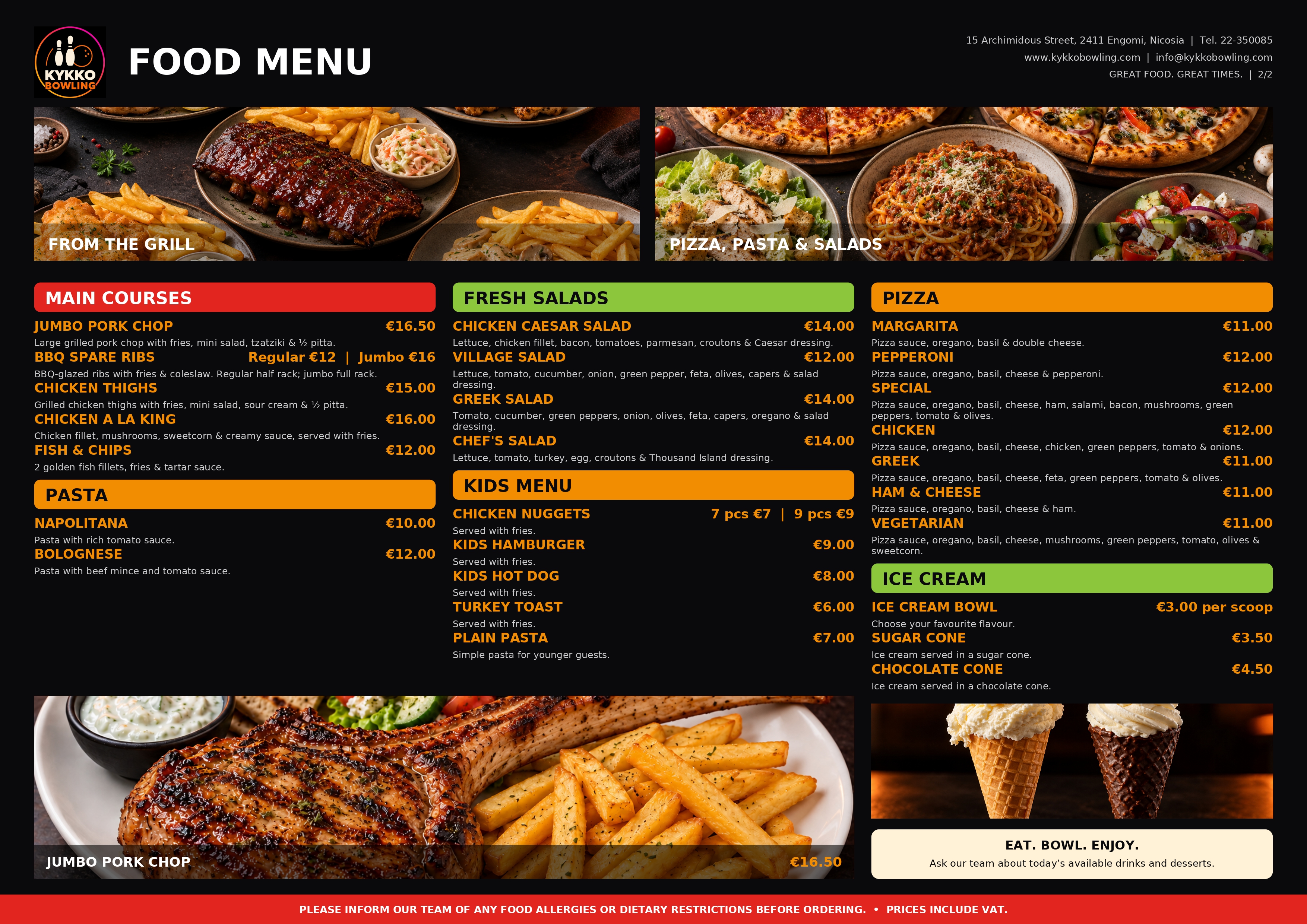 Kykko Bowling food menu page 2
