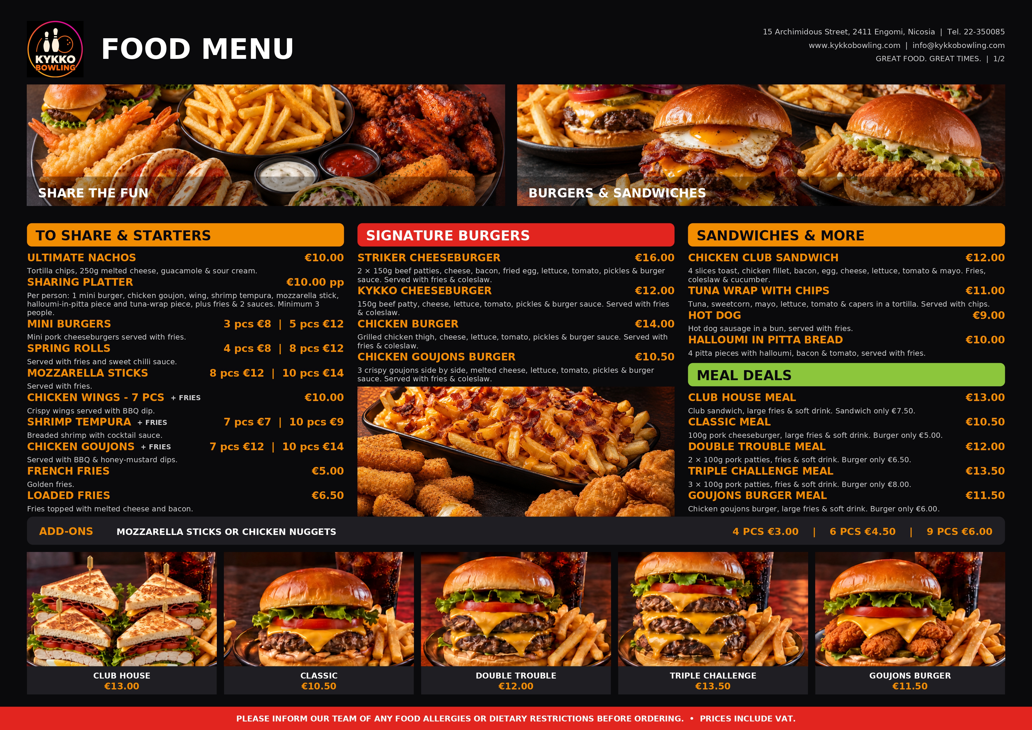 Kykko Bowling food menu page 1