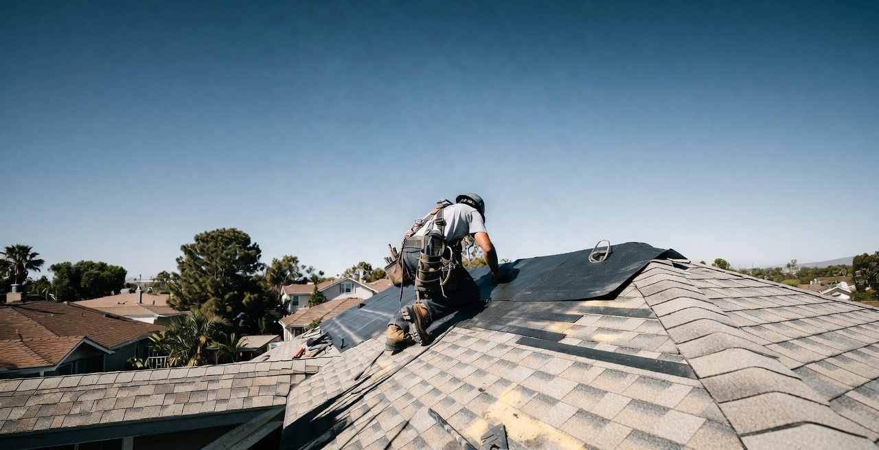 Roofer installing shingles on a residential home