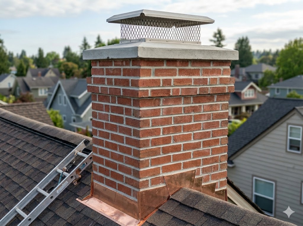 Masonry brick chimney above a residential roof