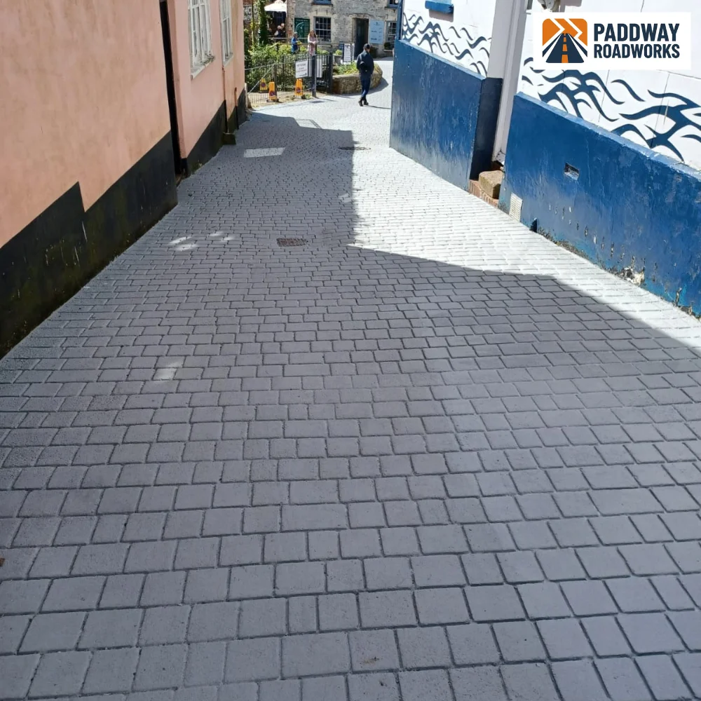 Block-paved alleyway between residential houses with blue mural detail.