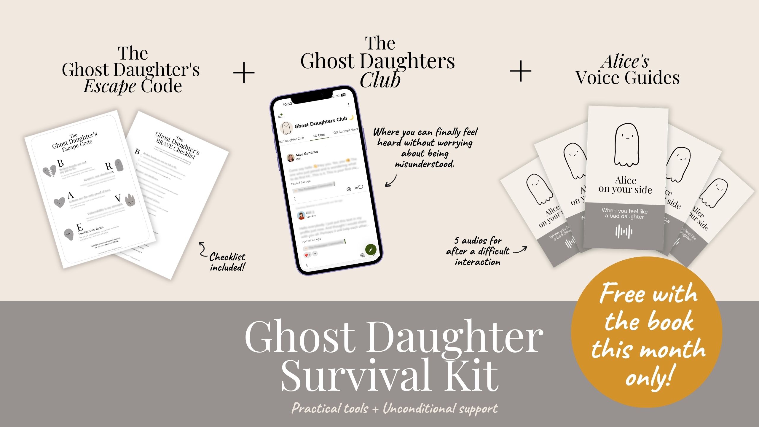 Ghost Daughter Survival Kit: The Ghost Daughter's Escape Code + Checklist, The Ghost Daughters Club community, and Alice's Voice Guides — 5 audios for after a difficult interaction. Free with the book this month only.