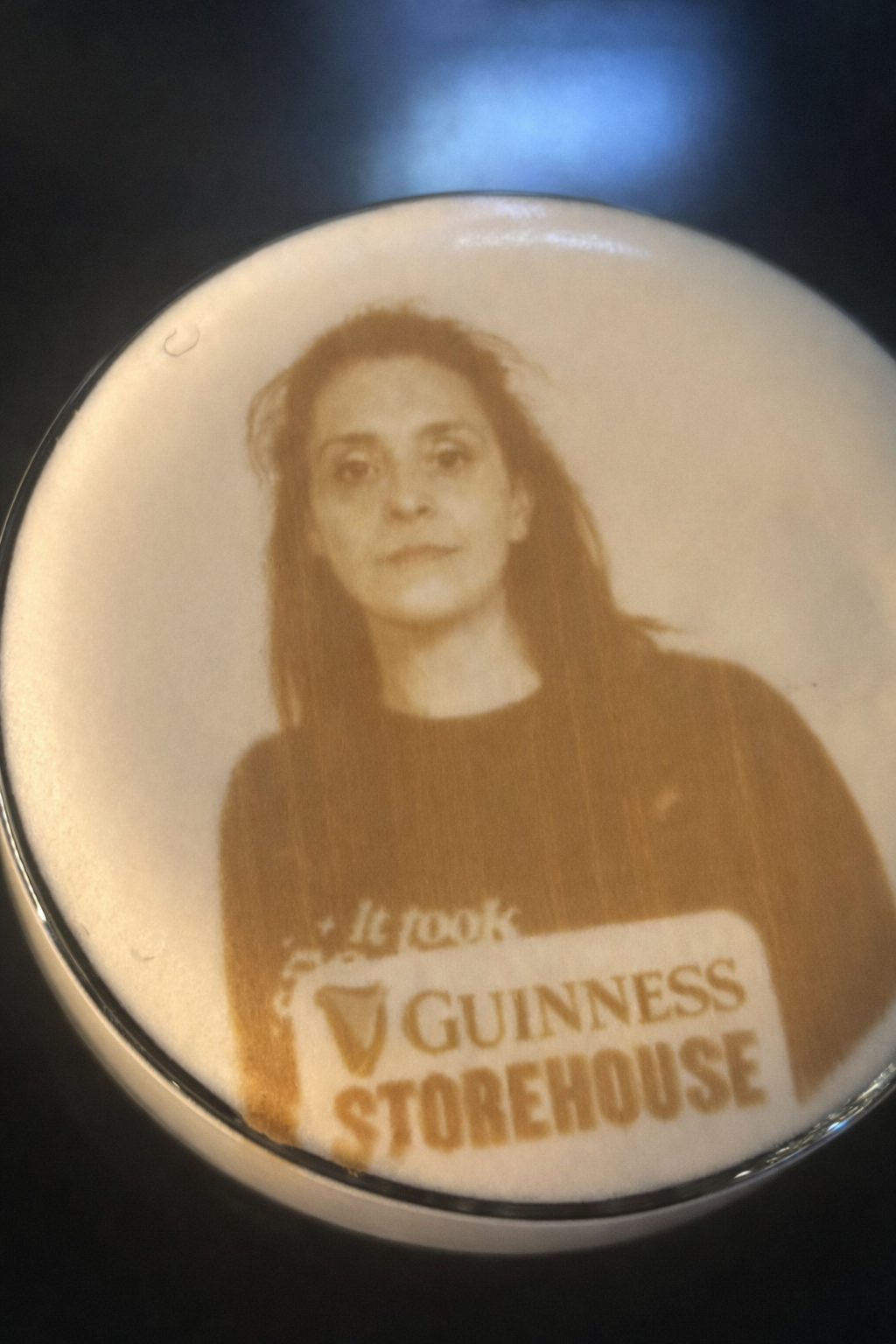 Kay at the Guinness storehouse and her face inprinted on the top of a pint of Guiness