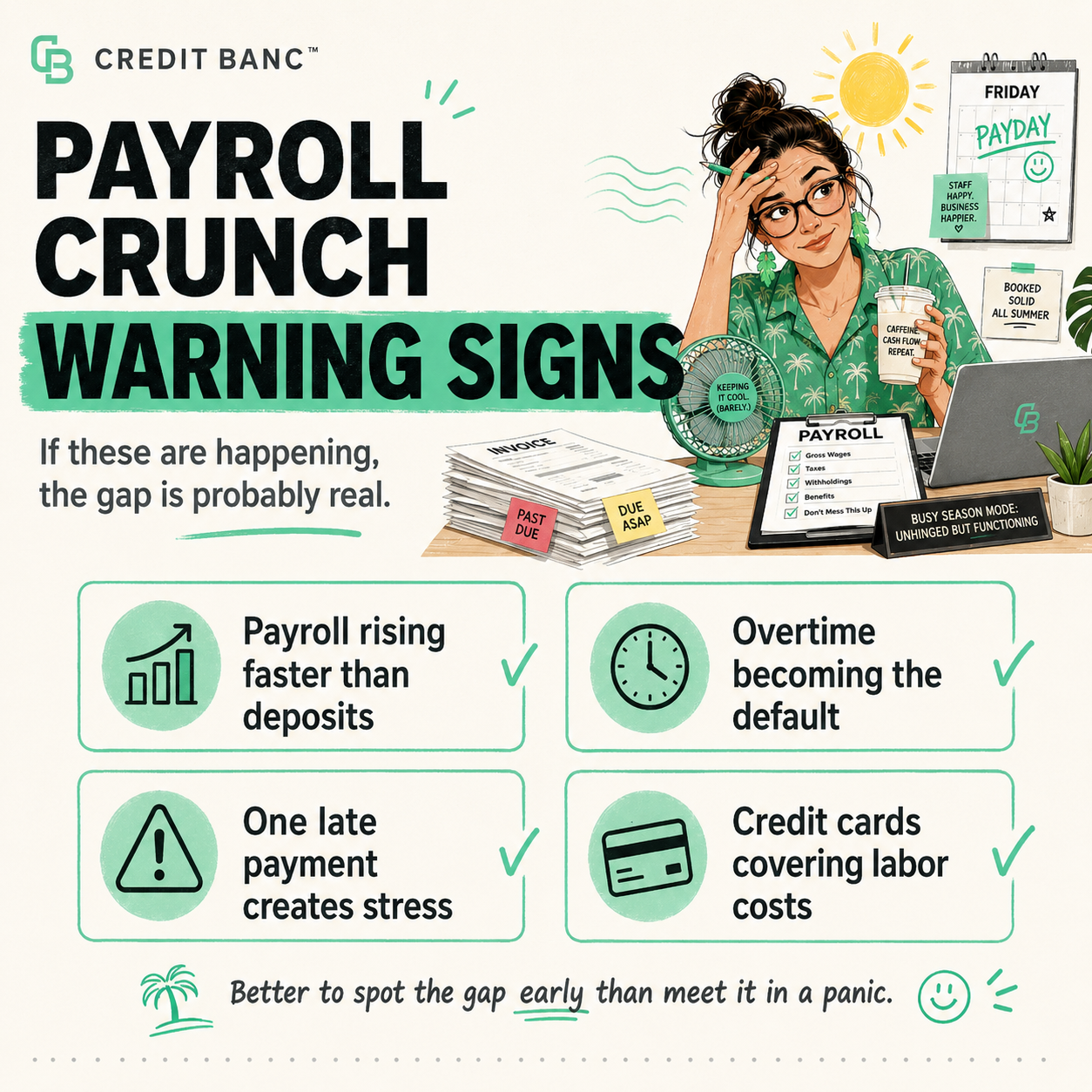 Payroll crunch warning signs for small business owners, including rising labor costs, overtime, and late payments