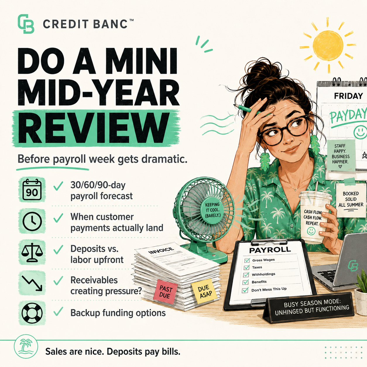 Mid year business review checklist for payroll forecasting, receivables, deposits, and backup funding options