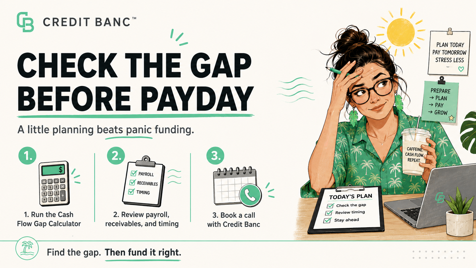 Cash Flow Gap Calculator steps to review payroll, receivables, and funding options before payday