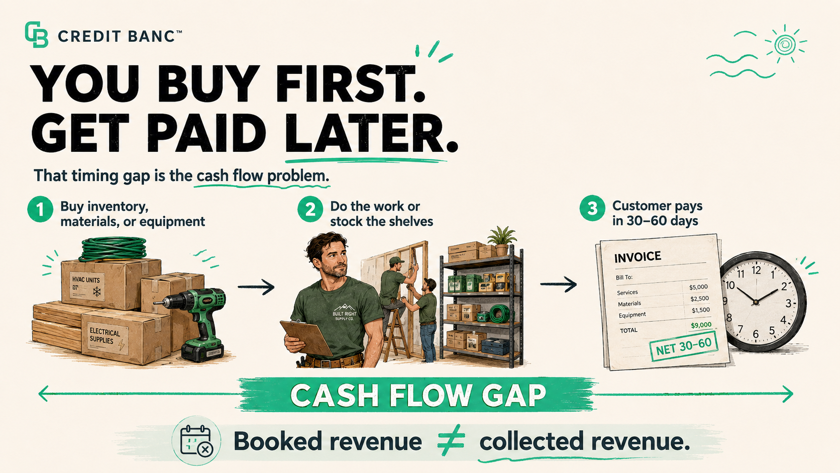 Cash flow gap graphic showing small businesses buying inventory, materials, or equipment before customers pay