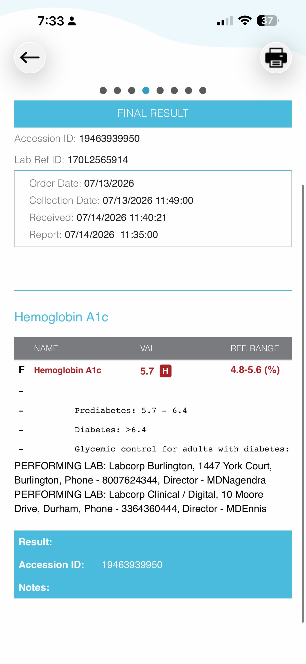 Patient portal screenshot showing an A1C of 5.7% at the 8-month checkpoint