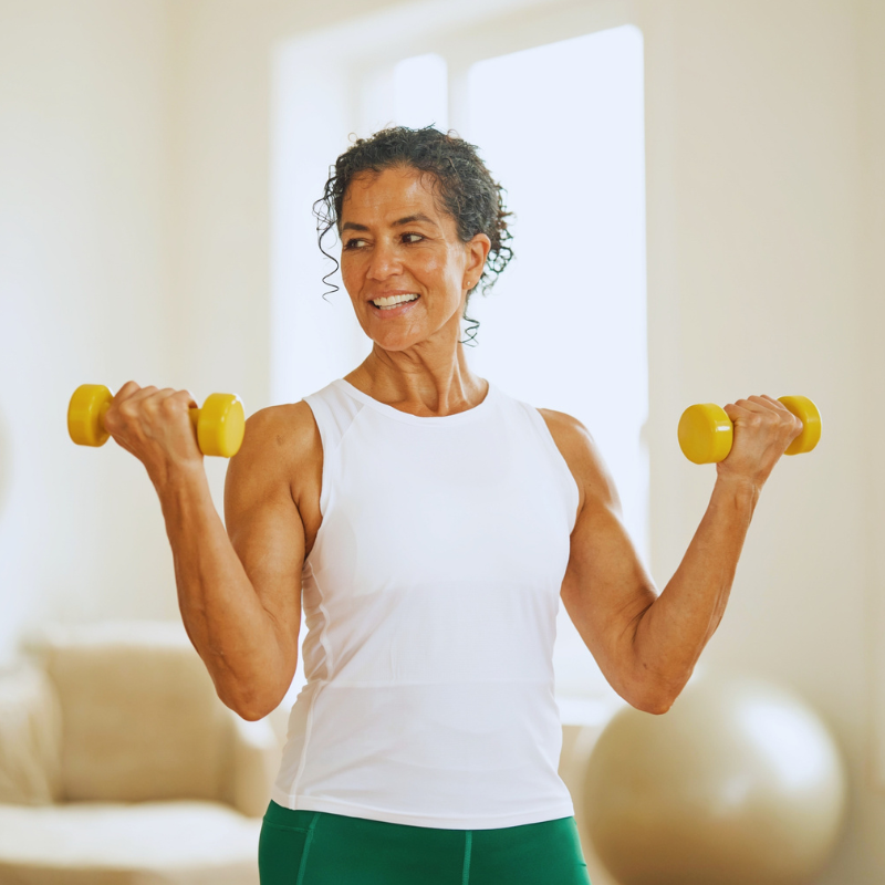 Women enjoying strength training at home