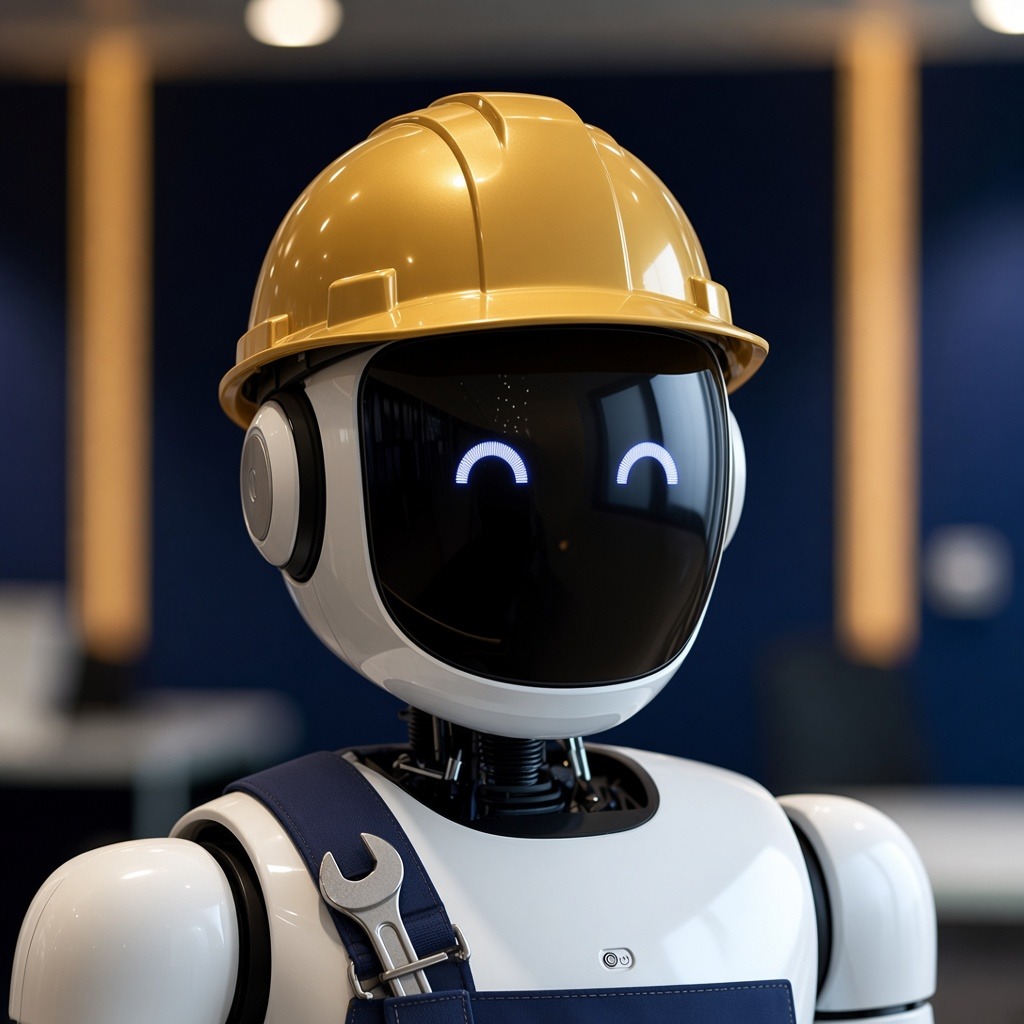 Sandy, Blue Anchor's AI maintenance coordinator, a white robot in a gold hard hat