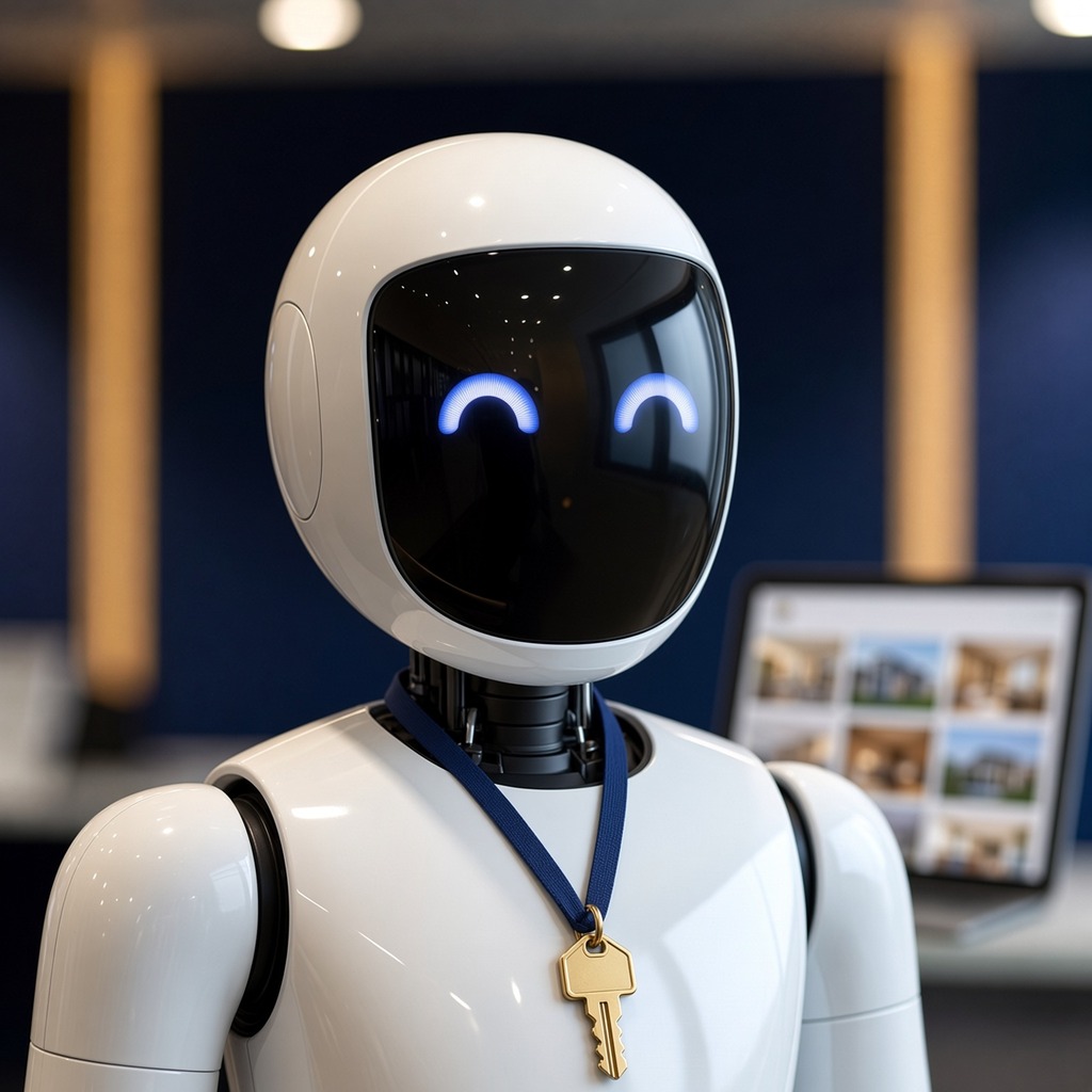 Brooke, Blue Anchor's AI leasing assistant, a white robot with a gold house key on a lanyard