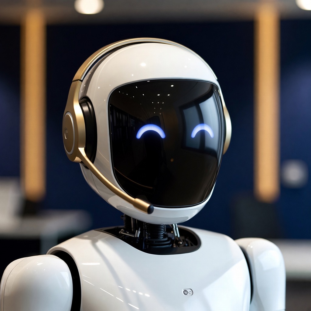 Marina, Blue Anchor's AI receptionist, a white robot wearing a gold headset