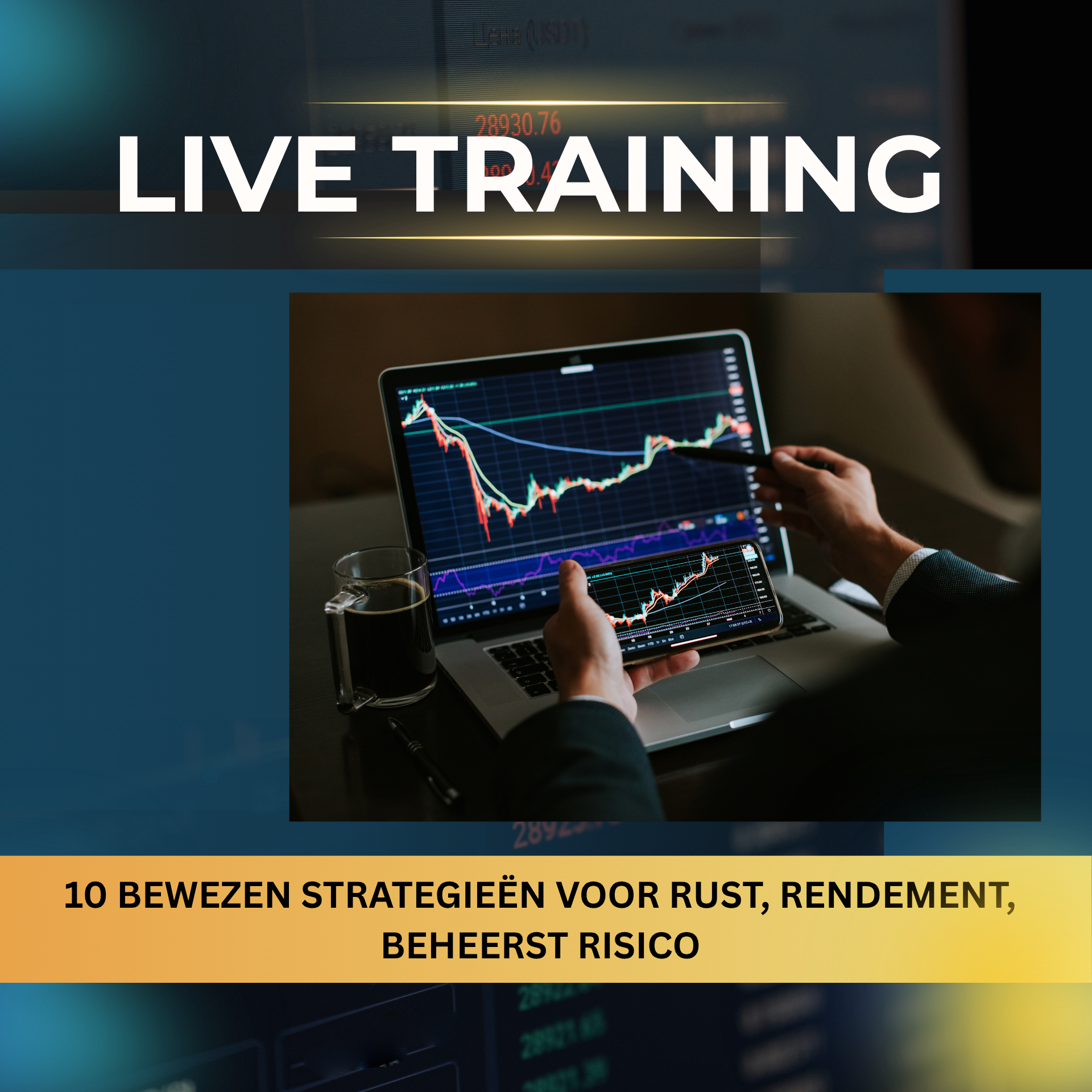 Illustratie van financiële grafiek en aantekeningen ter ondersteuning van de webinarinhoud over beleggen