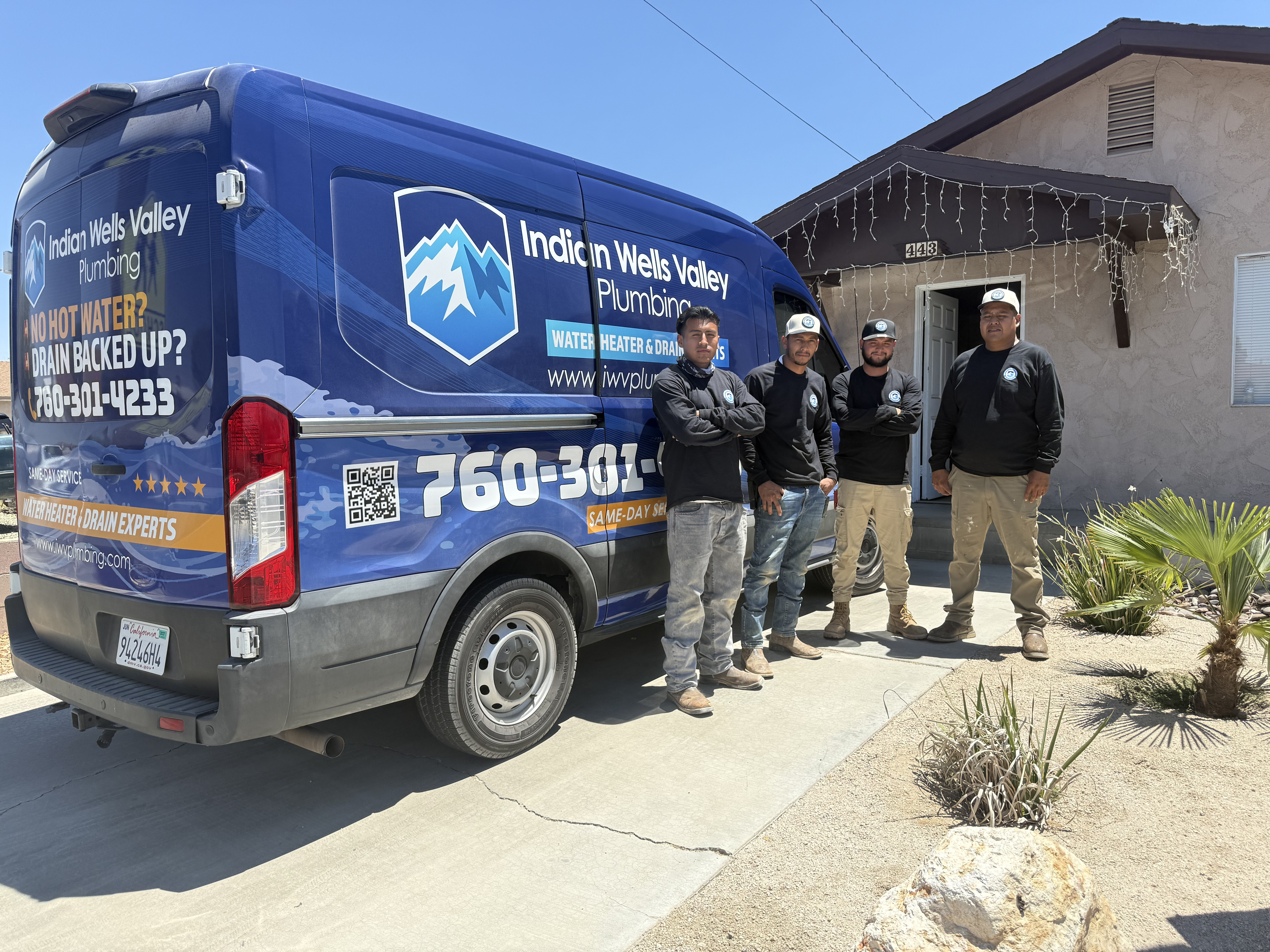Indian Wells Valley Plumbing technicians Henry, Juan, Esteban, and Victor standing from left to right