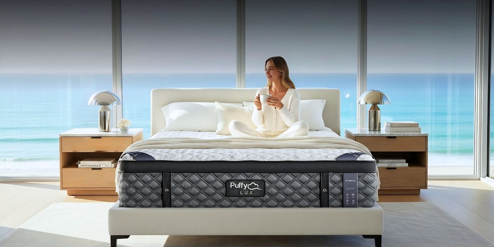 Puffy Lux Hybrid mattress styled in a modern bedroom