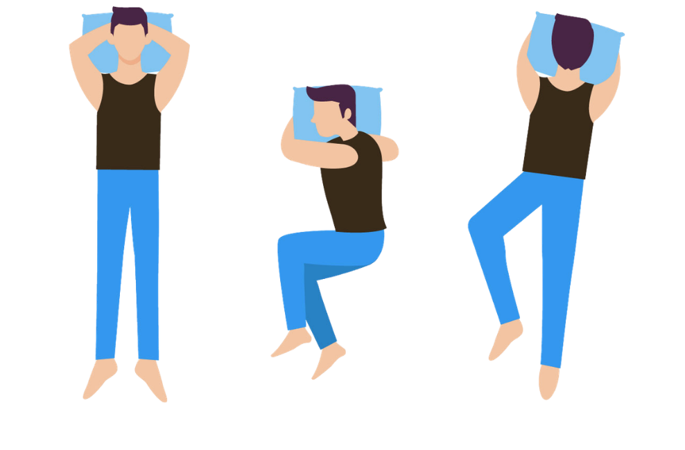 Illustration of three sleeping positions on a mattress, back sleeper, side sleeper, and stomach sleeper