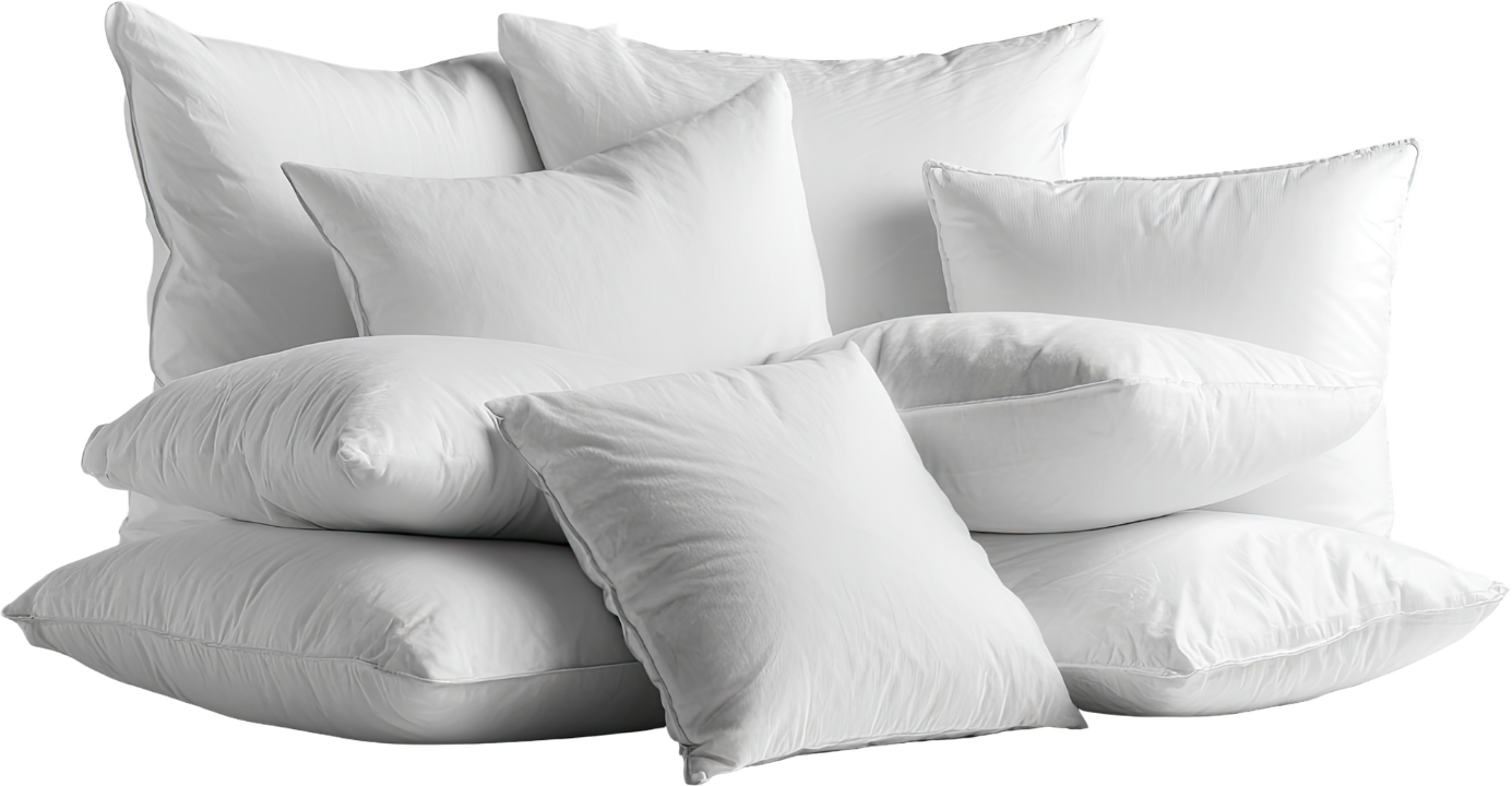 White pillows stacked and arranged to show height options for side sleepers, back sleepers, and stomach sleepers