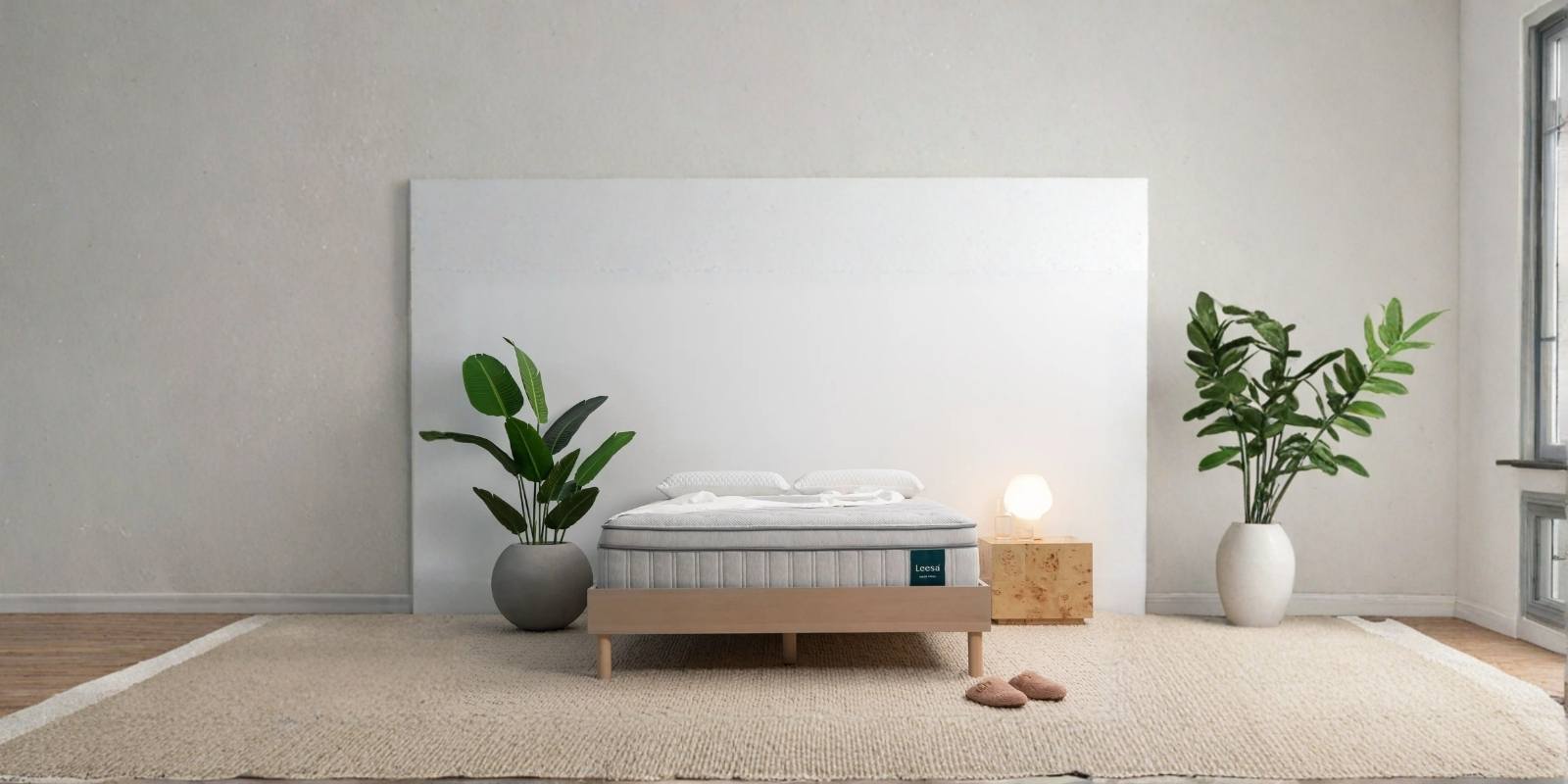 Leesa Oasis Chill Hybrid mattress styled in a modern bedroom