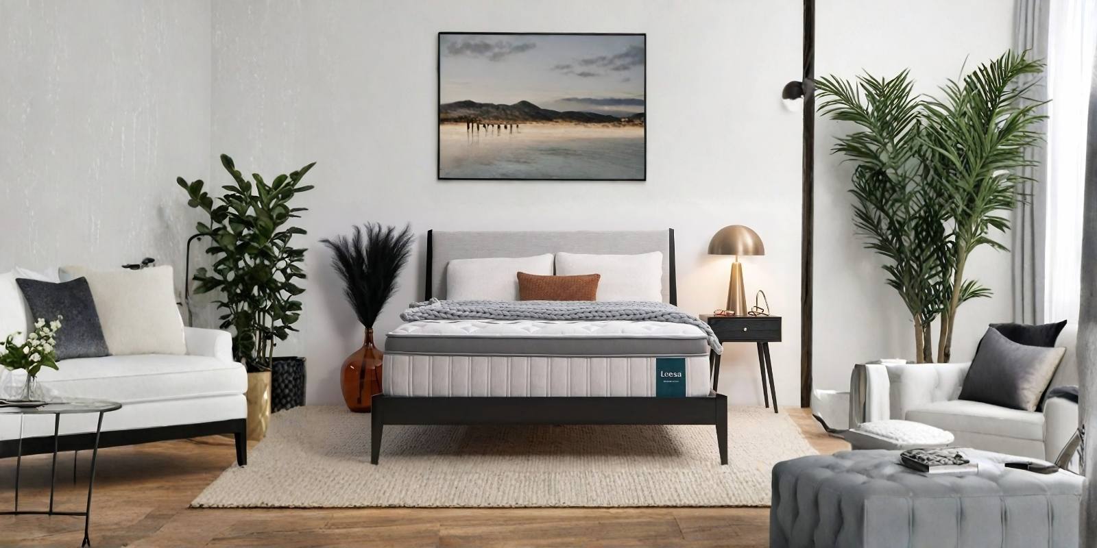 Leesa Deluxe Chill Hybrid mattress styled in a modern bedroom