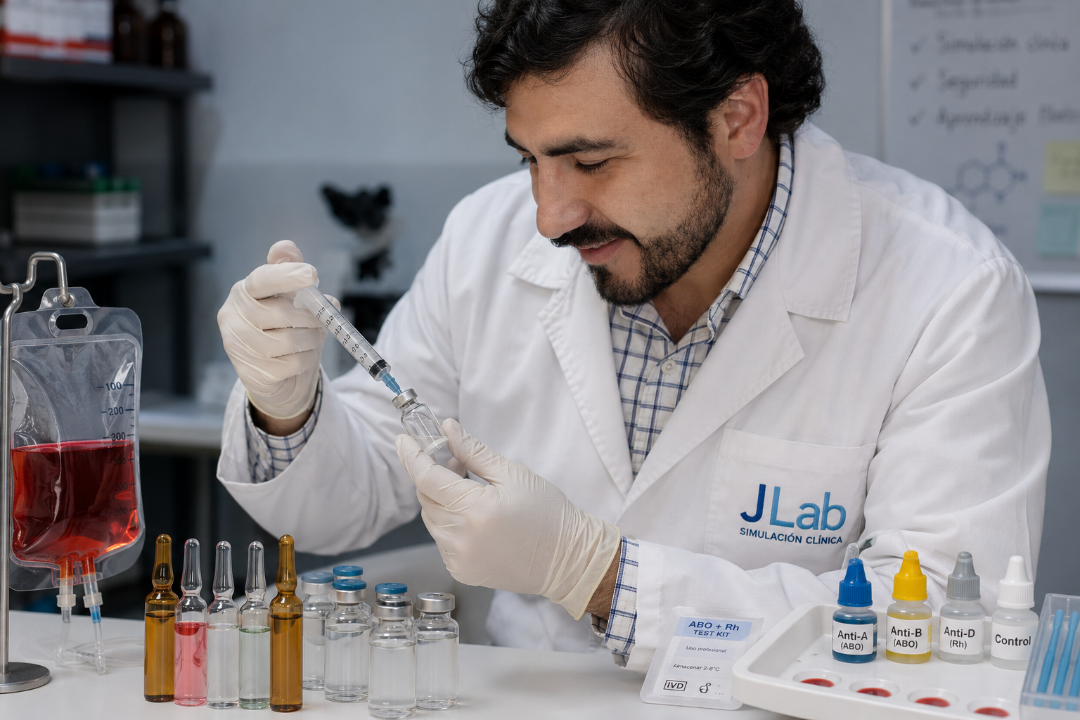 Profesional químico farmacéutico trabajando con insumos de simulación JLab