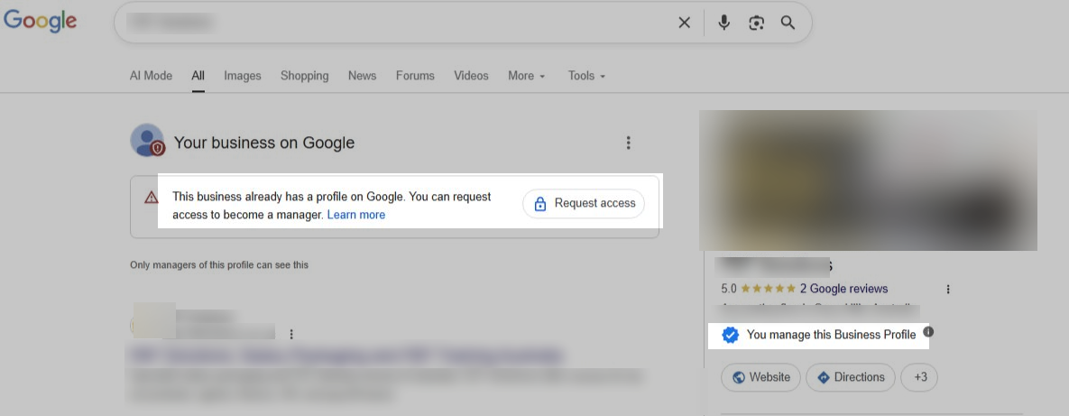 Google Business Profile showing two contradictory ownership states on the same screen: "Request access to become a manager" alongside "You manage this Business Profile"