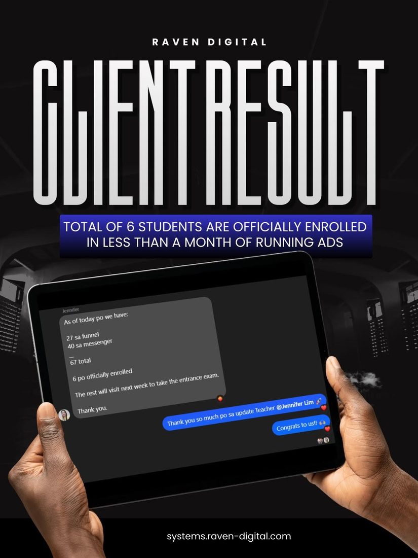 Client update: 27 leads from funnel, 40 from messenger, 67 total, 6 officially enrolled, rest booked for entrance exams