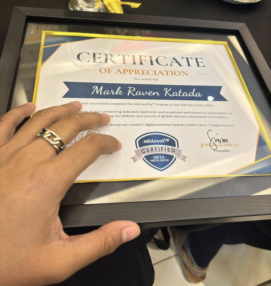 AdsLevelUp Certified Meta Media Buyer certificate awarded to Mark Raven Katada, 20 July 2024