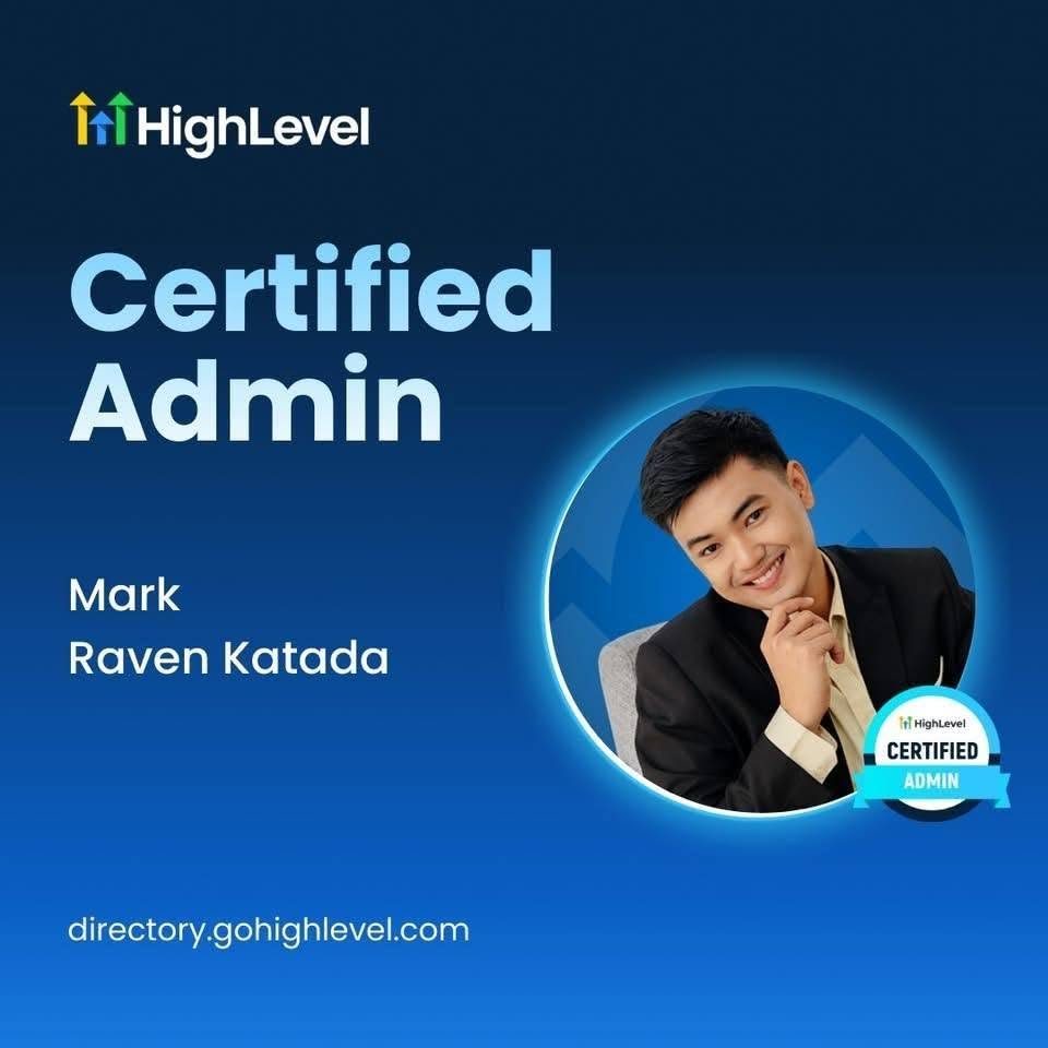 Official HighLevel Certified Admin card issued to Mark Raven Katada, listed on directory.gohighlevel.com