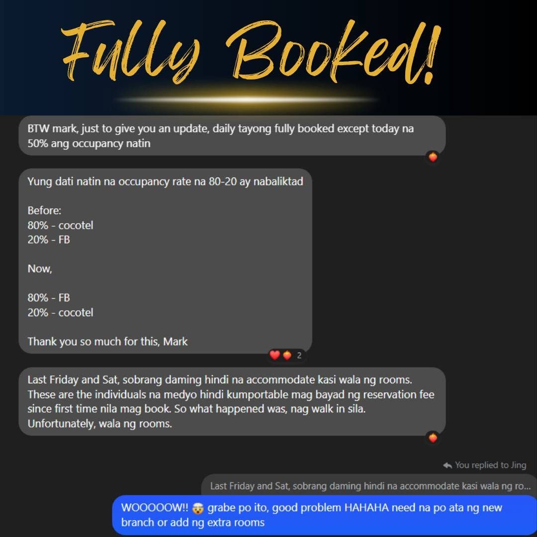 Client message: daily fully booked, occupancy source flipped from 80% cocotel / 20% Facebook to 80% Facebook / 20% cocotel