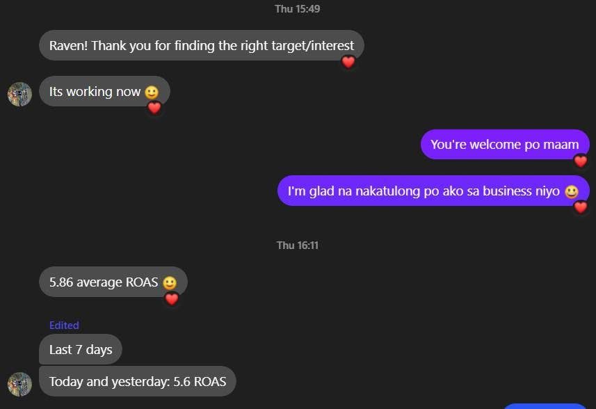 Client message: 5.86 average ROAS over the last 7 days, 5.6 ROAS today and yesterday