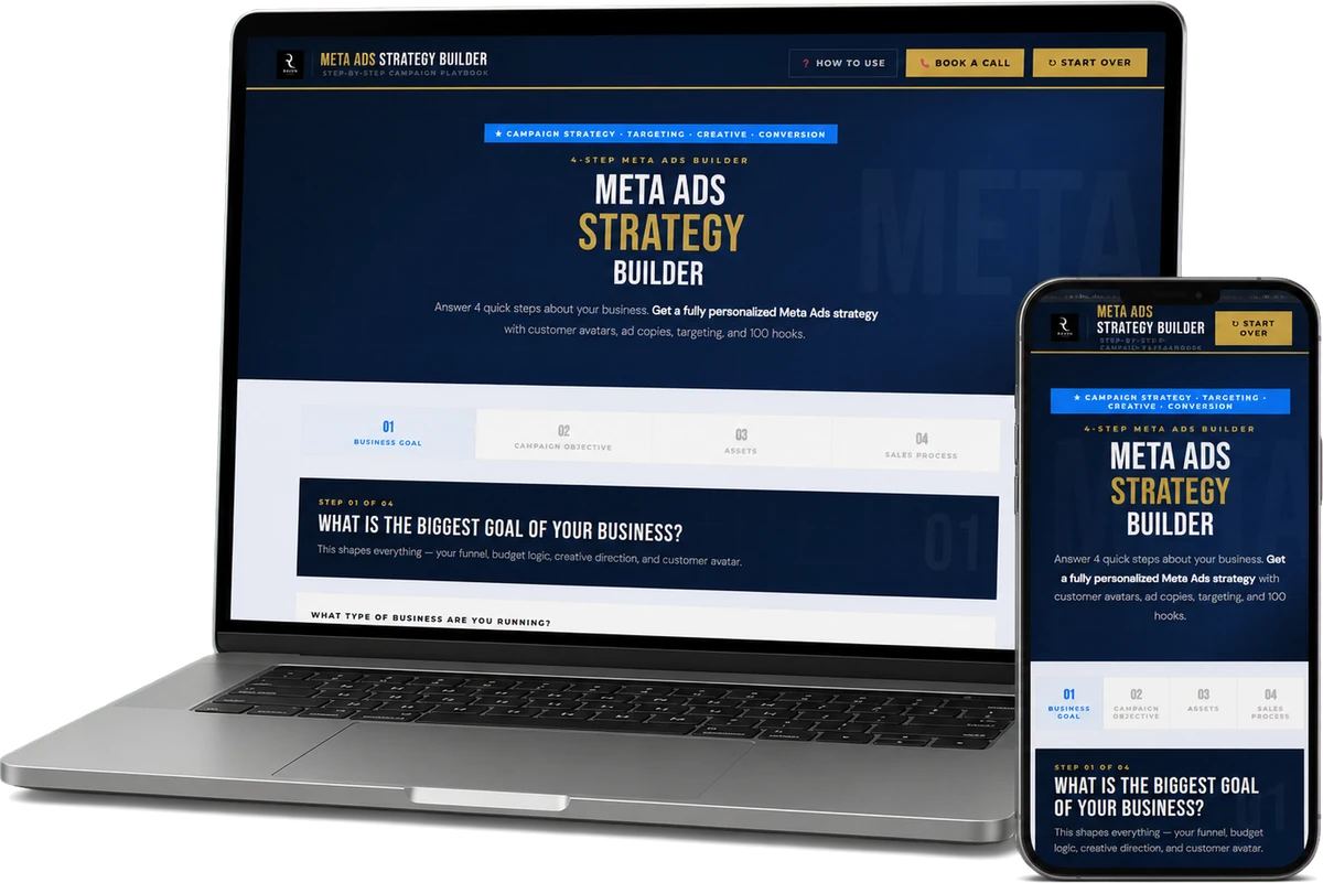 The Meta Ads Strategy Builder running on a laptop and a phone, showing step 01 of 4: what is the biggest goal of your business?