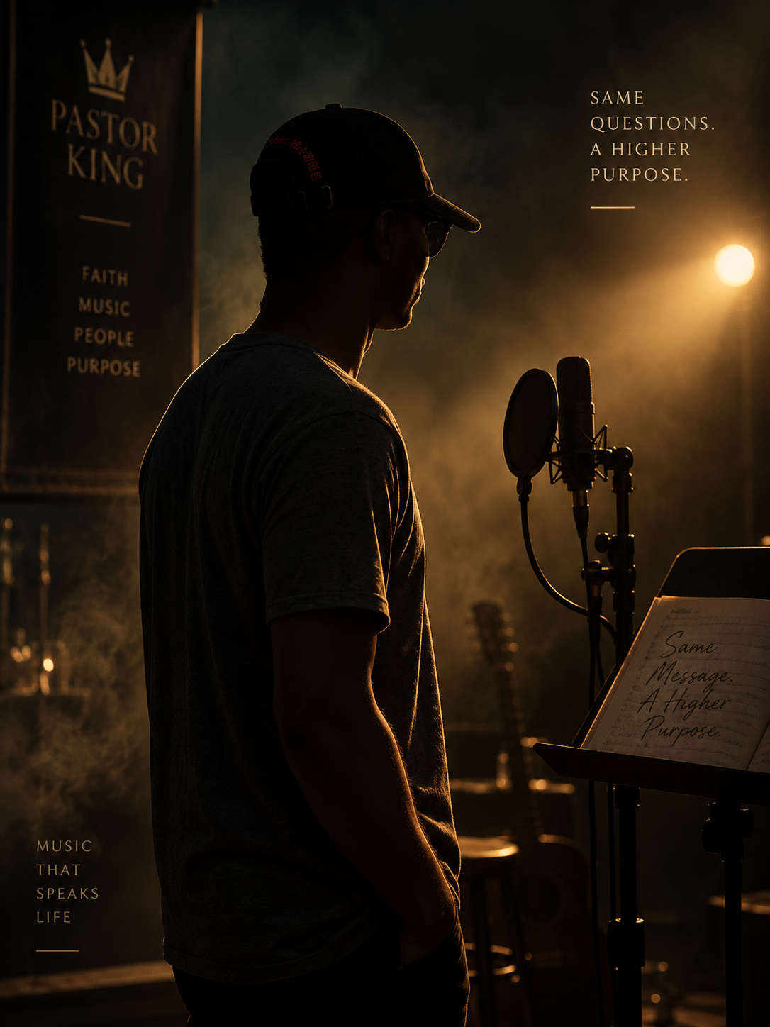 Pastor King in a dark side-profile silhouette beside a studio microphone, with his face intentionally obscured