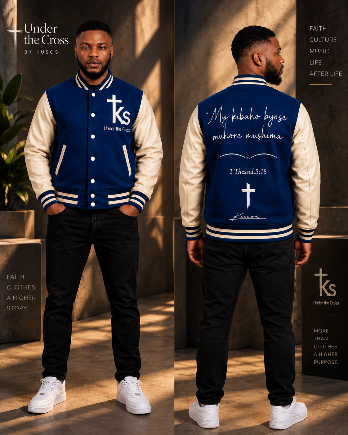 Under The Cross navy and cream varsity jacket shown in a cinematic front-and-back editorial lookbook