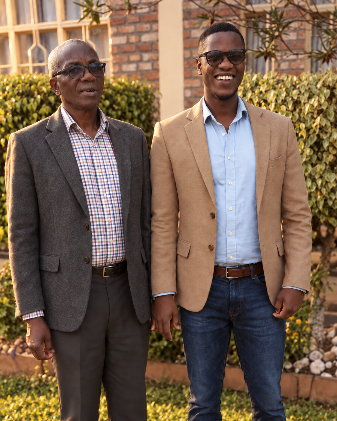 KuSos and his father standing together outside the family home in warm afternoon light