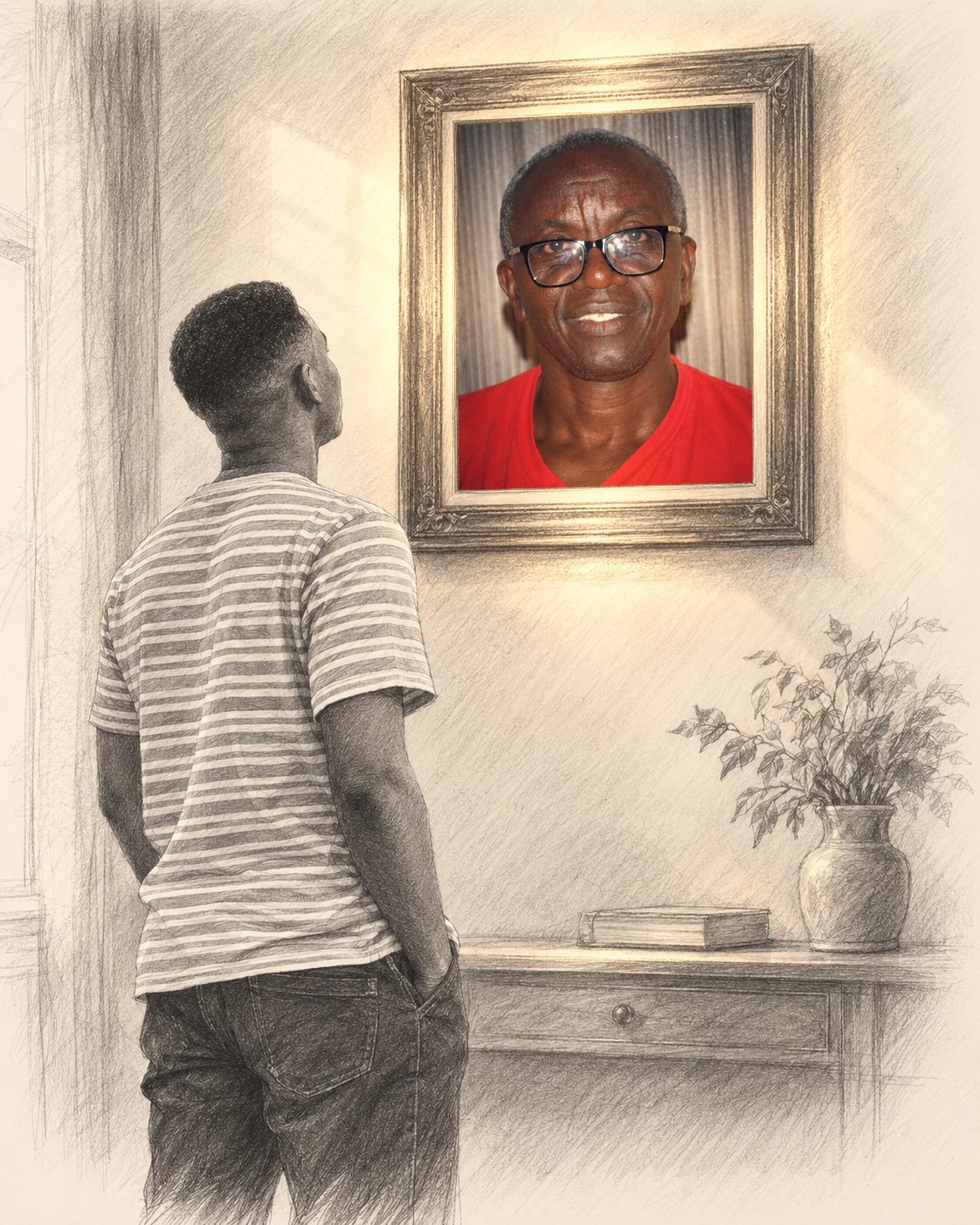A portrait of KuSos’s late father, kept in loving memory