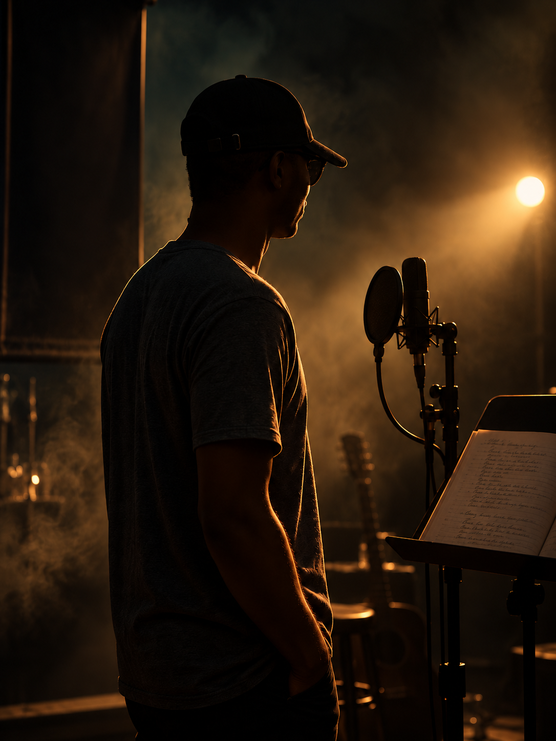 Pastor King in a dark side-profile silhouette beside a studio microphone, with his face intentionally obscured