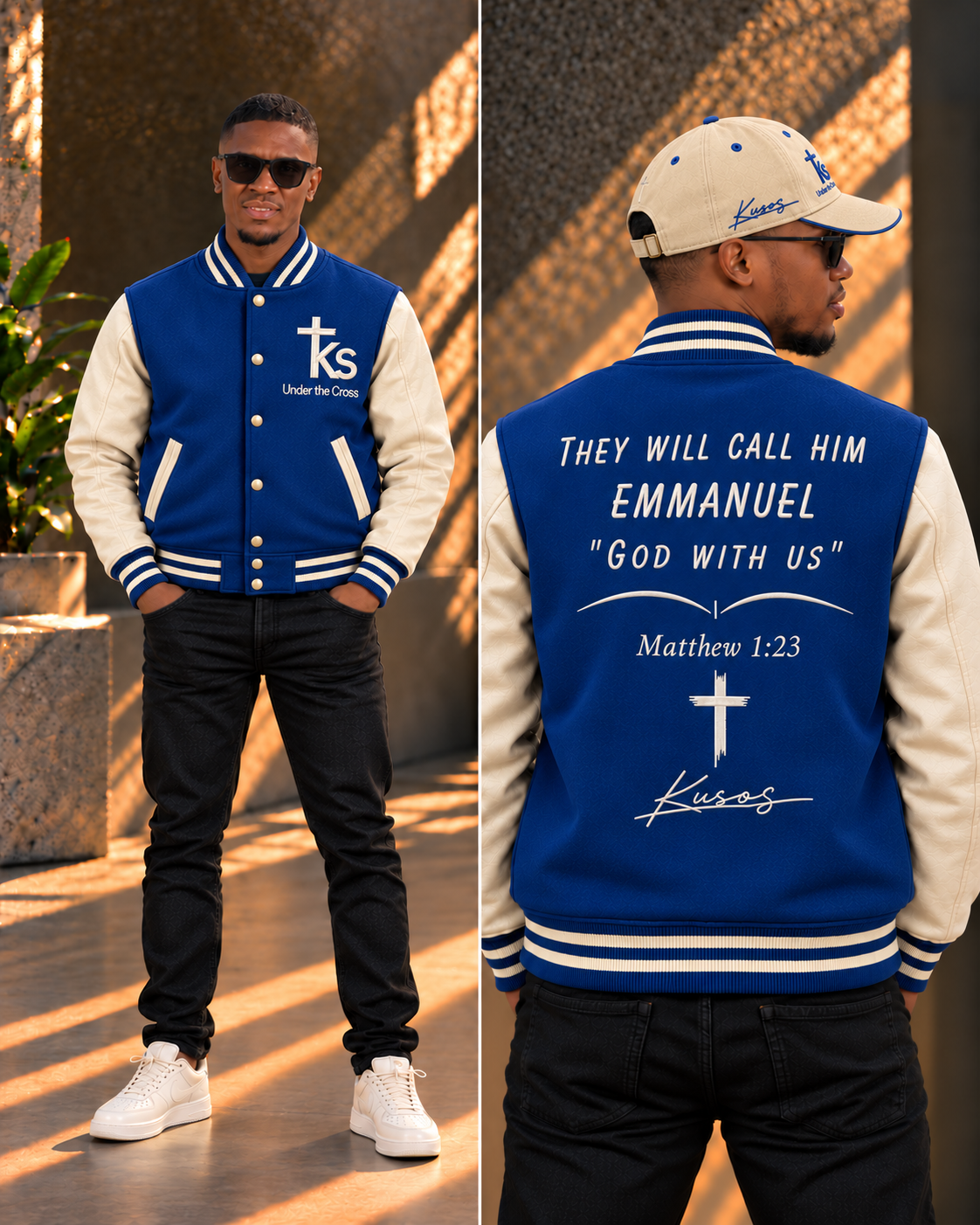 Under The Cross navy and cream varsity jacket shown in a cinematic front-and-back editorial lookbook