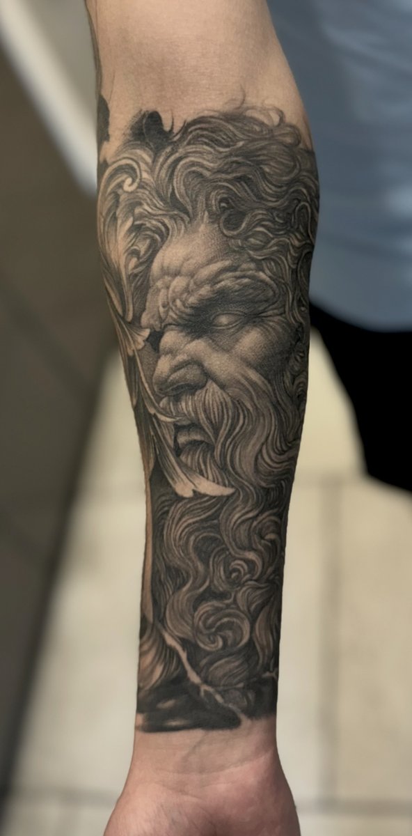 Zeus black and grey tattoo by Aidin Chimney, The Chamber Tattoo Studio