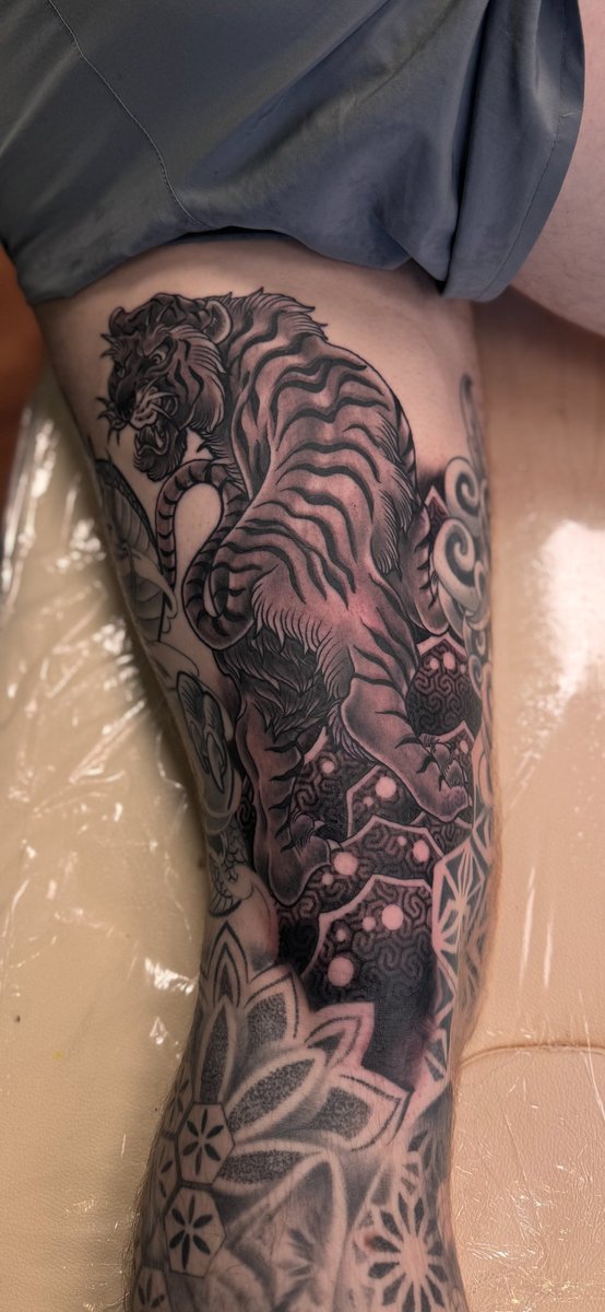 Tiger and mandala leg tattoo, black and grey by Aidin Chimney