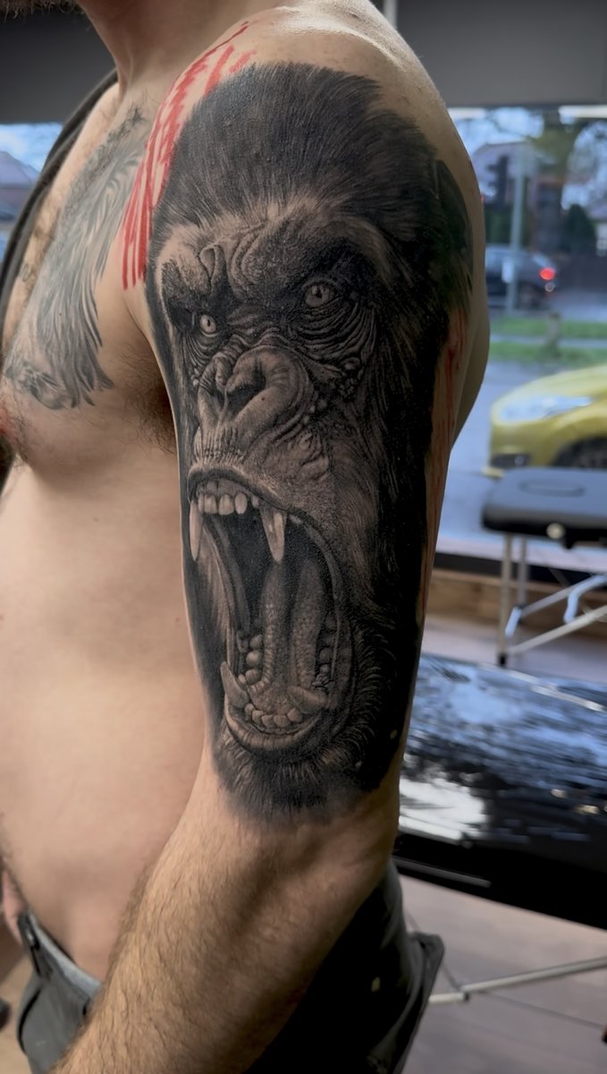 Black and grey gorilla tattoo by Aidin Chimney, The Chamber Tattoo Studio Cheadle Hulme