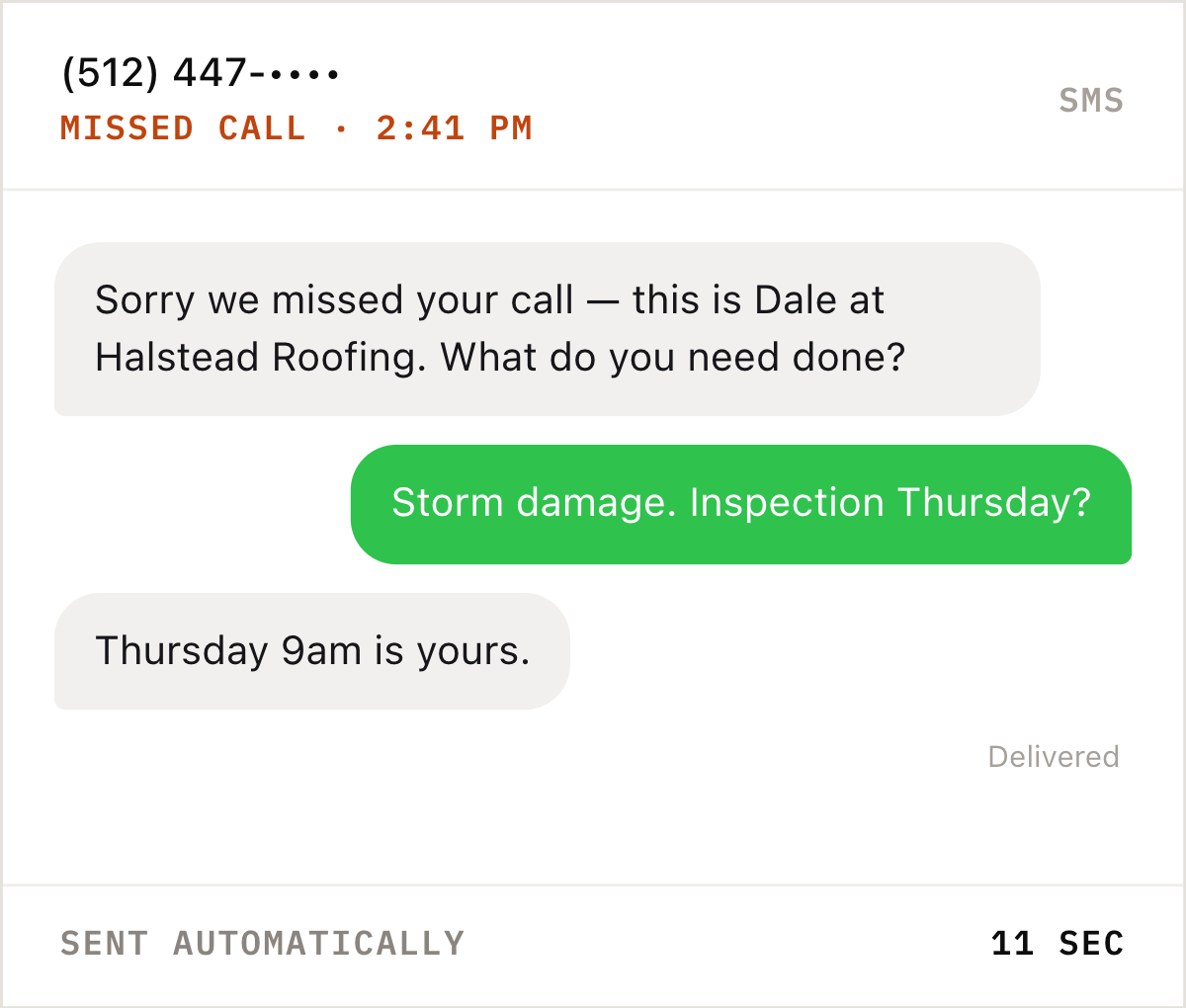 Text sent automatically after a missed call, and the customer booking an inspection