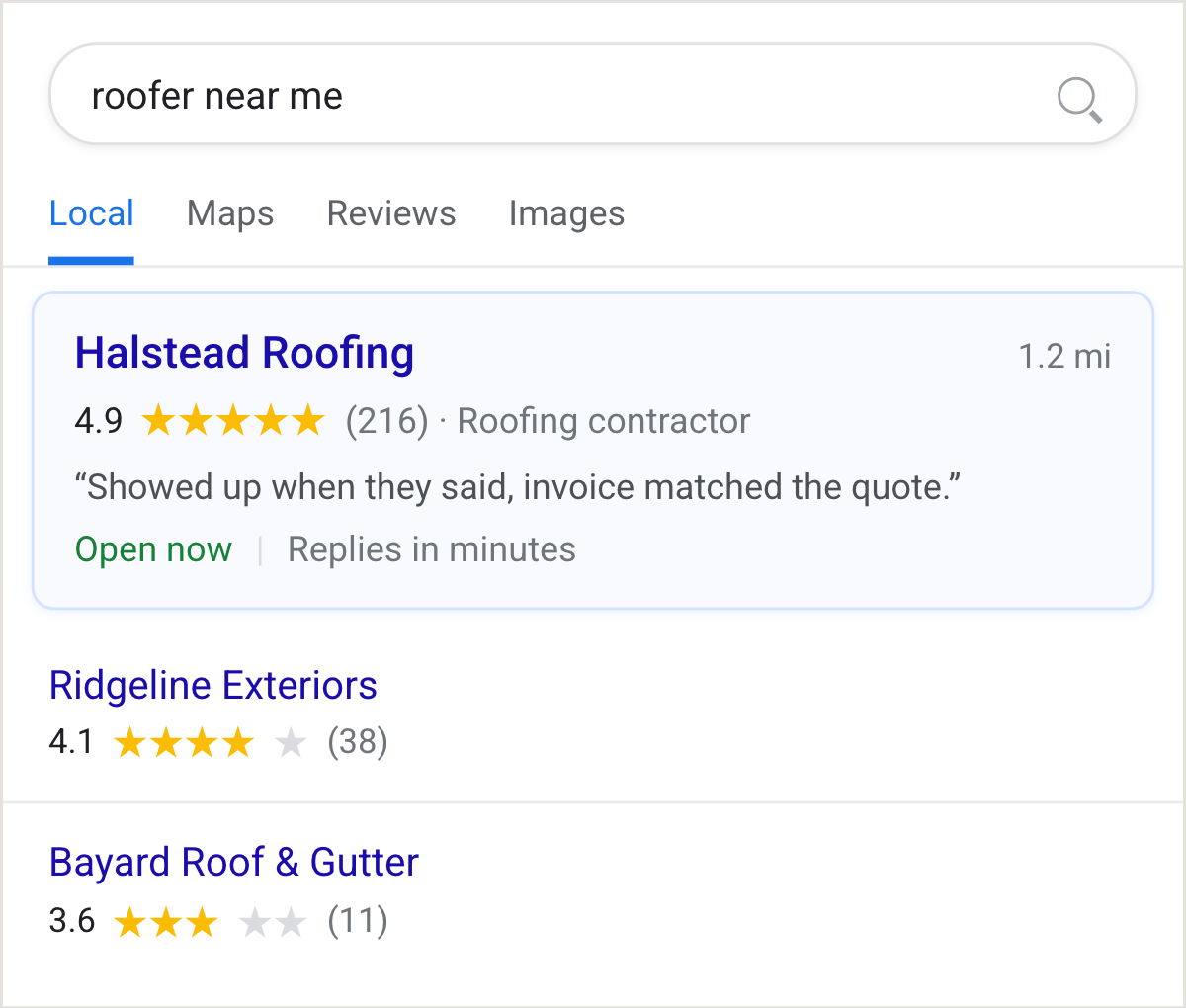 Local search results showing a roofing contractor with a five-star rating