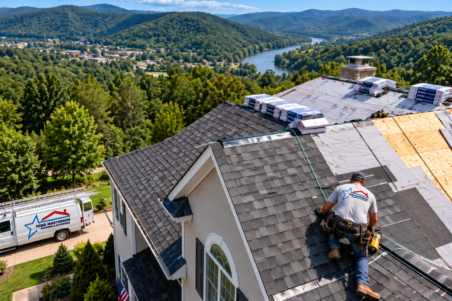 Roofer performing a repair on a residential shingle roof