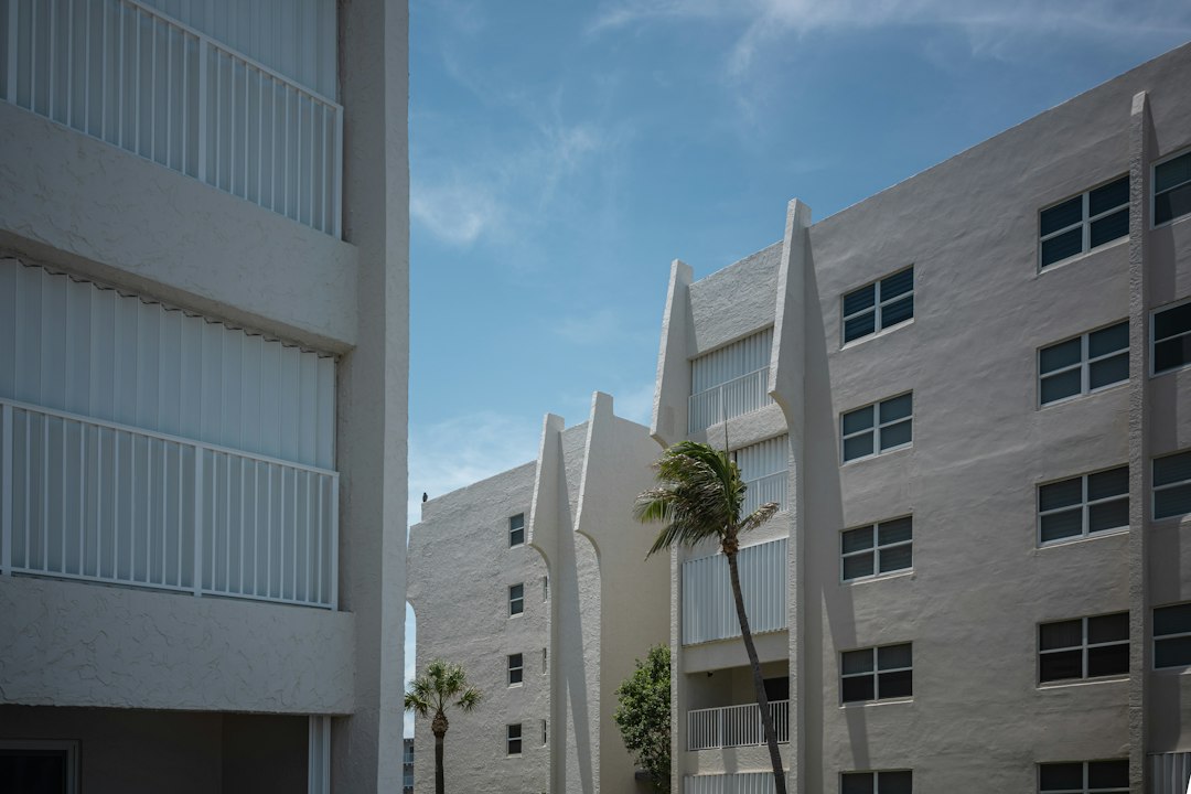 Two white mid-century condominium buildings with balconies and a palm tree between them against a blue sky.