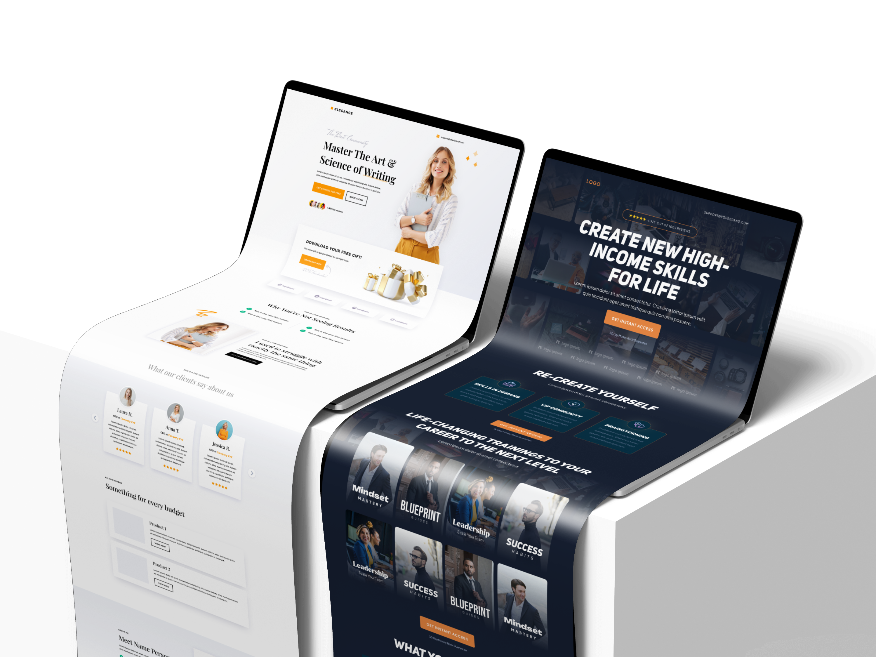 Dual laptop screens displaying engaging website designs focused on skill development and online learning, highlighting marketing strategies and branding for businesses.