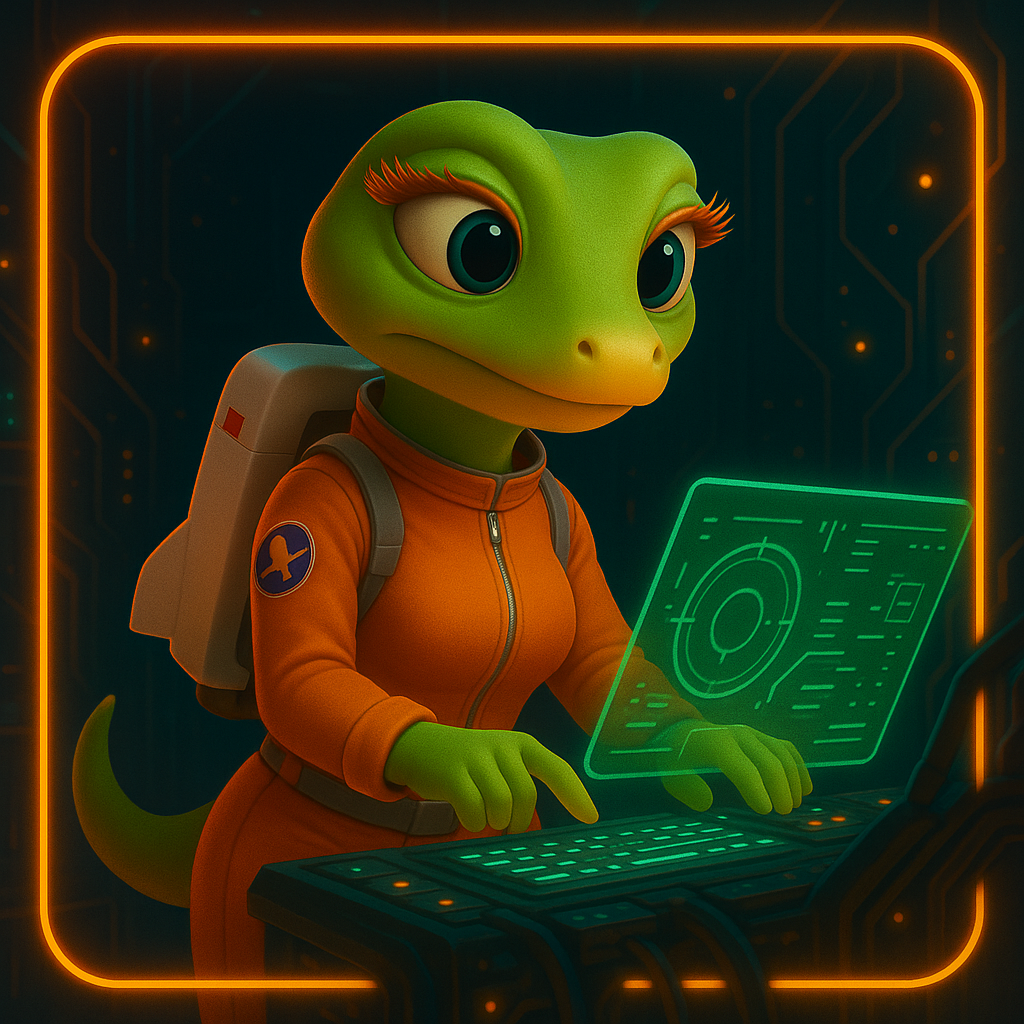 Cartoon gecko in an orange jumpsuit using a futuristic keyboard and holographic display, symbolizing digital marketing and technology for business growth.