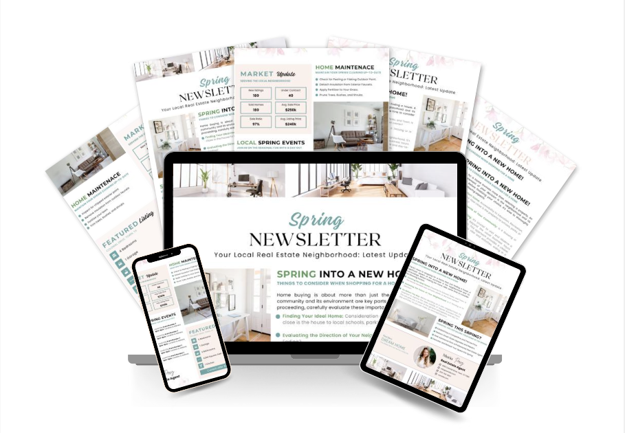Spring newsletter showcasing local real estate updates, featuring a laptop and mobile devices displaying home maintenance tips, market insights, and community events.