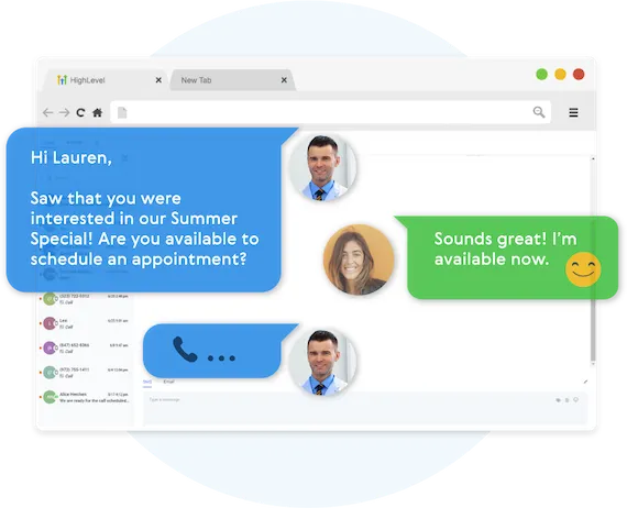 Chat interface displaying conversation about scheduling an appointment, featuring two users with profile pictures, and messages highlighting engagement for marketing services.
